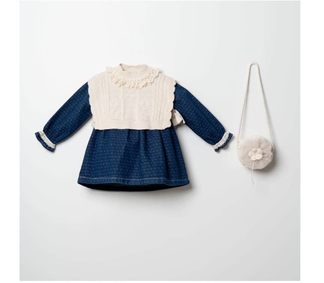 Incili Süveter Denim Kız Çocuk Elbise - Görsel 3